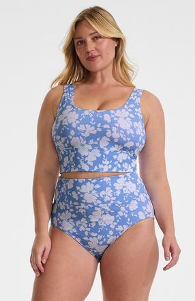 Lands End Plus Size Tugless Ribbed Midkini and High Waisted Bottom Swimsuit Set in Lake Blue Blossom Floral at Nordstrom, Size 1X