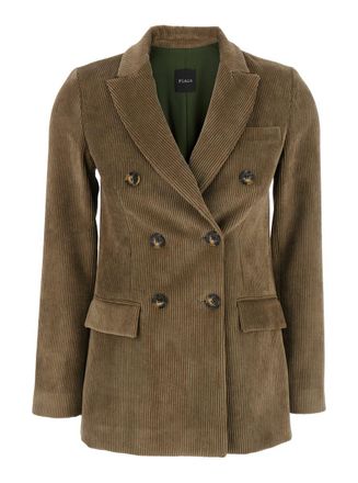 Plaîn Green Double-Breasted Jacket With Peak Revers In Ribbed Velvet Woman