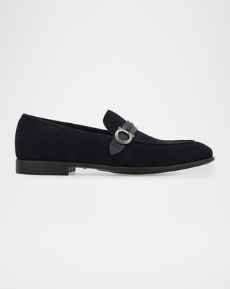 Ferragamo Men & apos;s Terence Gancio Ornament Leather-Strap Suede Loafers
