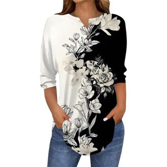 Generic Tops for Women UK Womens Long Tops Womens Shirts 3/4 Length Sleeve Womens Tops 2025 Spring Neck Casual Print Tunic T Shirts Three Quarter Length Women