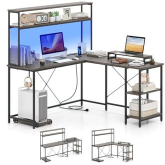 Costway Scrivania per Computer a Forma di L, Tavolo da Gioco con Scaffale Regolabile, Gancio, Supporto per CPU, Striscia LED, Telecomando e Prese di