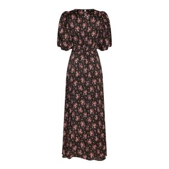 Neo Noir Romantische Maxi Jurk met Vintage Bloemenpatroon - Dames - Maxi kleedjes - Zwart - M - Leer - Kleedjes