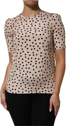Dolce & Gabbana Polka Dot Zijde Blouse met Korte Mouwen - Dames - Blouses - Beige - S - Overhemden