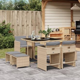 vidaXL Vidaxl - Set Comedor De Jard&iacute;n 9 Pzas Con Cojines Rat&aacute;n Sint&eacute;tico Beige