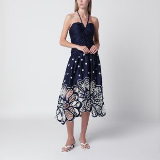 Farm Rio Navy blue Richelieu midi dress with embroidery