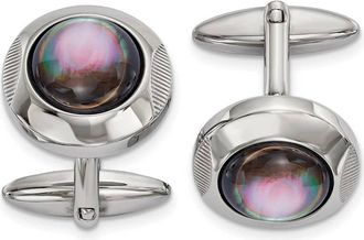 Diamond2Deal Stainless Steel Polished Black Mother of Pearl Circle Cufflinks