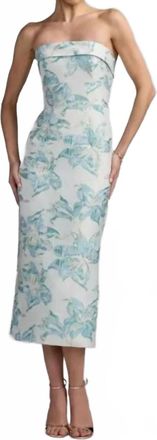 Mac Duggal Strapless Brocade Sheath Midi Dress In French Blue