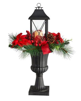 Nearly Natural Holiday Christmas Berries And Poinsettia With Large Lantern And Included Led Candle Set In A Decorative Urn Porch