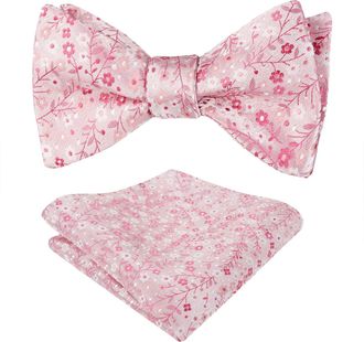 Alizeal Mens Floral Patterned Colorful Classic Self Tied Bow Tie and Pocket Square Set, Pink