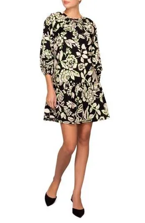 Melloday Floral Balloon Sleeve Babydoll Minidress in Black Ivory at Nordstrom Rack, Size X-Small