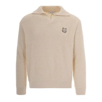 Maison Kitsun&eacute; V-neck Knitwear, male, Beige, Size: L Ribbed Cotton Polo Sweater
