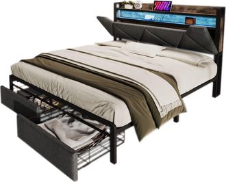 STILVORA Cama Con Caj&oacute;n 140 X 200 Cm De Lino, Cama Individual Con Caj&oacute;n, Cabecero Con Almacenamiento, Estructura De Cama Con Led, Colch&oacute;n Incluido, Gris