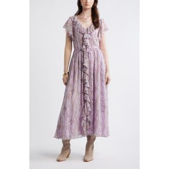 Treasure & Bond Ruffle V-Neck Maxi Dress in Purple- Blue Antique Paisley at Nordstrom, Size Xx-Small