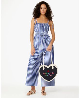 Kate Spade New York Womens Wave Gingham Jumpsuit - Dark Blue Cotton - Size X-Small