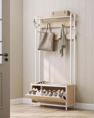 Vasagle Coat Rack Hall Tree with Bench Hooks & Shoe Storage in White