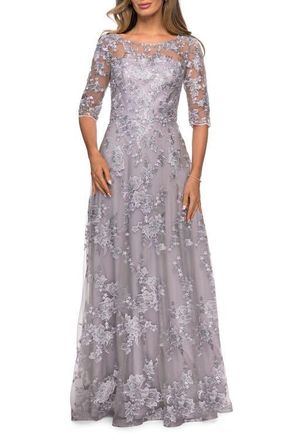 La Femme Cap Sleeve Long Evening Gown with Lace Detailing in Lavender/gray at Nordstrom, Size 12