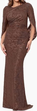 Betsy & Adam The Gina Glitter Lace Drape Back Gown In Brown