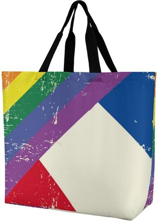Generic Vintage Rainbow Swedish Flag Reusable Shopping Bags One Shoulder Grocery Tote Bag Waterproof Big Purse for Work Travel