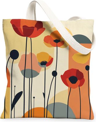 Generic Spring Aesthetic Poppy Canvas Tote Bag for Shopping 13x15, Funky Retro Floral Reusable Grocery Print Pattern Bag for Women, Abstract Flower Beach Aest