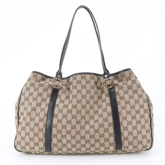 Gucci Brown Leather Canvas Handbag Shoulder Bag Tote Bag (Pre-Owned)