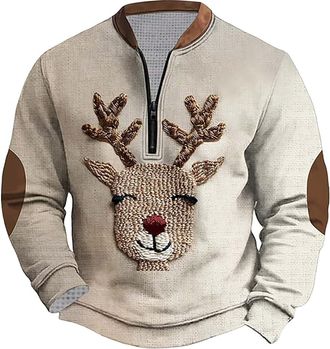 Generic Mens Christmas Sweatshirt 1/4 Zip Pullover Tops Santa Claus Christmas Tree T-Shirt Reindeer 3D Printed Blouse Casual V Neck Jumper Funny Festive Holid