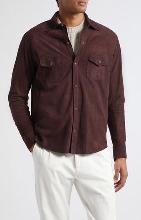 Eleventy Mixed Media Western Suede & Merino Wool Snap Overshirt in 10-10 Burgundy Burgundy at Nordstrom, Size 52