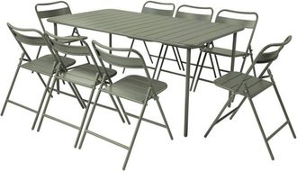 Sweeek Metal garden table 160 cm + 8 chairs, khaki green - Amelia