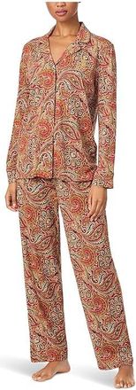 Lauren Ralph Lauren Long Sleeve Notch Collar Knit PJ Set Womens Pajama Sets Red Paisley : XL (US 16-18), Cotton/Viscose
