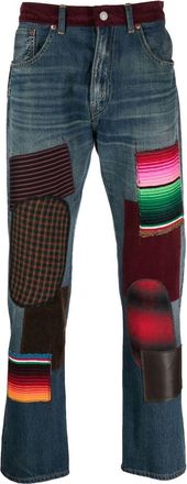 Junya Watanabe patchwork-design slim-cut jeans - men - Acrylic/Polyester/Cotton/Other fibres/Wool/Calf Leather/Nylon - L - Blue