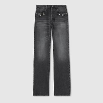 Gucci Cotton Denim Pants With Horsebit Detail, Size 28, Black, Ready-to-wear