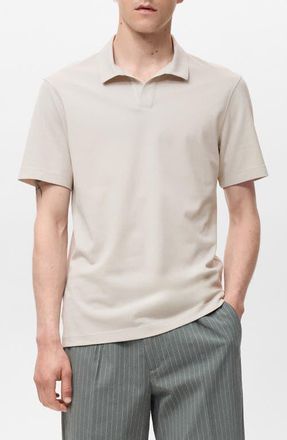 Mango Solid Johnny Collar Cotton Blend Piqu&eacute; Polo in Ivory White at Nordstrom, Size X-Small