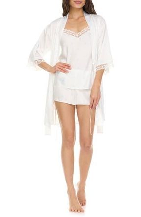 Flora Nikrooz Sabrina Bow Print Satin Short Pajamas & Robe Set in Ivory at Nordstrom Rack, Size X-Small