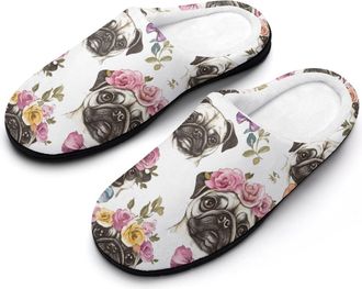 Generic Pugs Dog with Flowers Bow Tie Slippers Men Winter Warm Cotton Anti-Slip Indoor Slip-Ons House Shoes