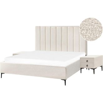 Beliani Conjunto De Dormitorio Cama 180 X 200 Cm Y 2 Mesitas De Noche Boucl&eacute; Blanco Crema Sezanne