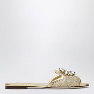 Dolce & Gabbana Rainbow slides in gold lurex lace with brooch