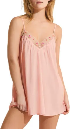 Etam Freesia Floral Lace Trim Swiss Dot Chemise in Pink Salmon at Nordstrom, Size X-Large