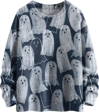Generic Jumpers for Women UK Plus Size Knitwear Funny Halloween Ghost Printed Womens Sweatshirt Tunic Pullover Ribbed Knitted Sweater Oversized Pullover Long 
