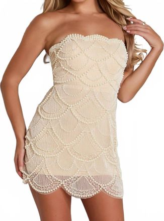 Jovani Strapless Pearl Mini Dress With Sheer Scallop Hem In Nude