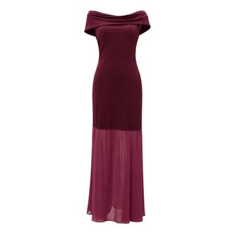 Aniye By Gowns, female, Red, Size: S Long Jersey Gown with Boat Neck and Sheer Skirt