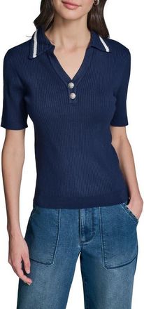Karl Lagerfeld Crochet Collar Rib Polo Sweater in Naval Academy/Soft White at Nordstrom, Size X-Small