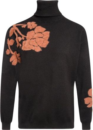 Fracomina Jacquard Gebreide Trui met Bloemenprint - Dames - Coltruien - Zwart - M - Truien & Vesten