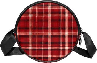 Generic Circle Crossbody Bag for Women, Red Retro Plaid Small Sling Bag Daypack with Zipper Adjustable Shoulder Straps Casual Ladies Girls Round Purse