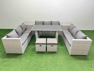 Fimous Patio Outdoor Garden Furniture Sets with 2 Side Tables 2 Small Stool in Light Grey