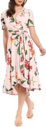 London Times Floral Eyelet Short Sleeve Faux Wrap Dress in Pink/Yellow at Nordstrom Rack, Size 16