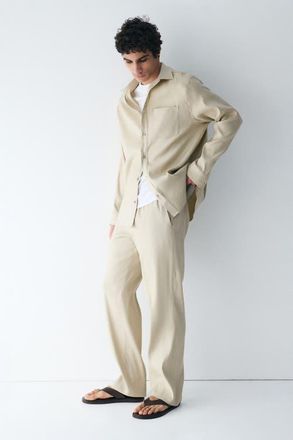 H&M Easy care loose-fit linen-blend pants in Light Beige at Nordstrom, Size X-Large