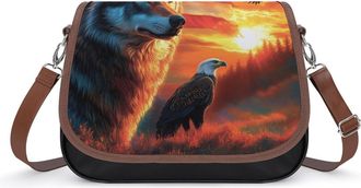 Generic Wolf Sunset U.S. Flag Small Womens Crossbody Bags Shoulder Handbag with Adjustable Strap for Travel