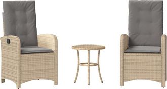 vidaXL Sillas Y Mesita De Jard&iacute;n 3 Piezas Rat&aacute;n Sint&eacute;tico Coj&iacute;n Beige Vidaxl