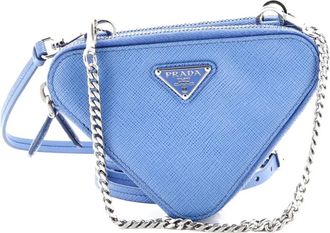 Prada Triangle Double Zip Pouch Bag with Chain Saffiano Leather Mini crossbody bag - Blauw