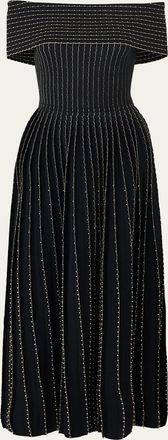 Carolina Herrera Beaded Off-The-Shoulder Pleated Knit Maxi Dress