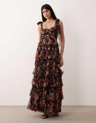 Lace & Beads Vestito lungo a balze in tulle nero a fiori con spalle con fiocco